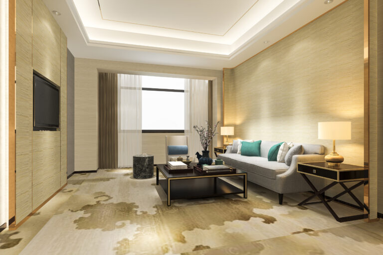 3d rendering luxury modern living room suite hotel with carpet scaled