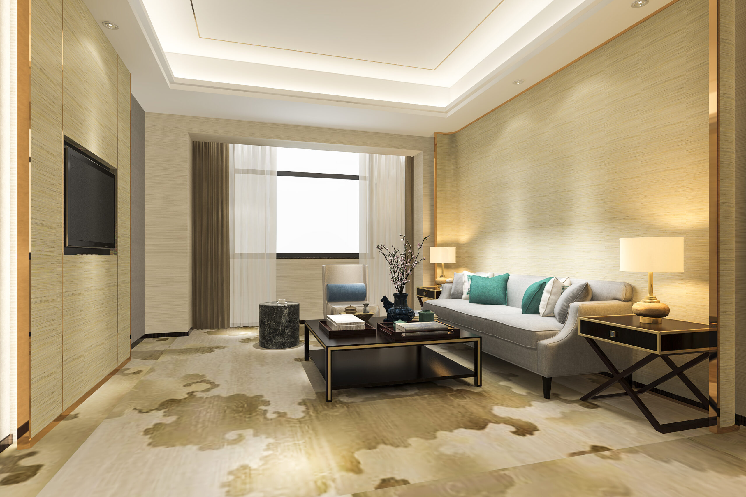 3d rendering luxury modern living room suite hotel with carpet scaled