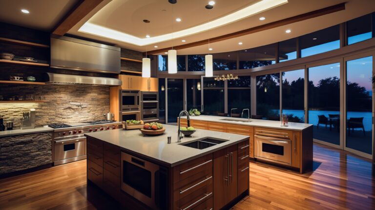 clean simple luxury kitchen with quartz waterfall with aesthetic lighting scaled