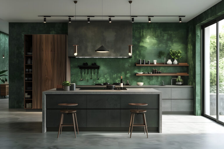 contemporary modern kitchen interior dark green colors concrete elements scaled