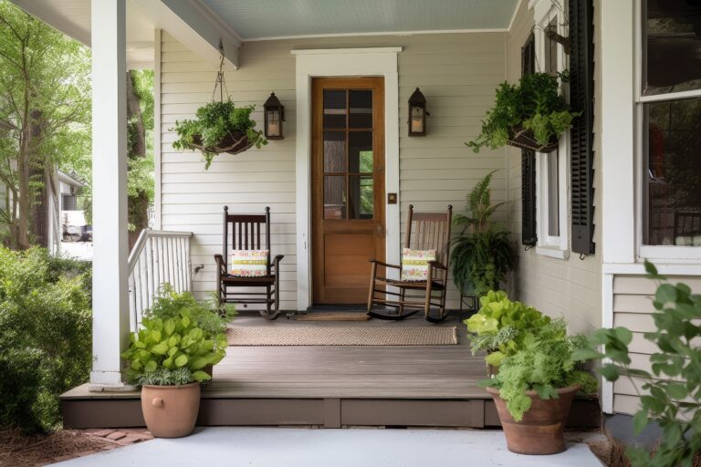 front porch with rocking chairs welcome sign hanging plants scaled