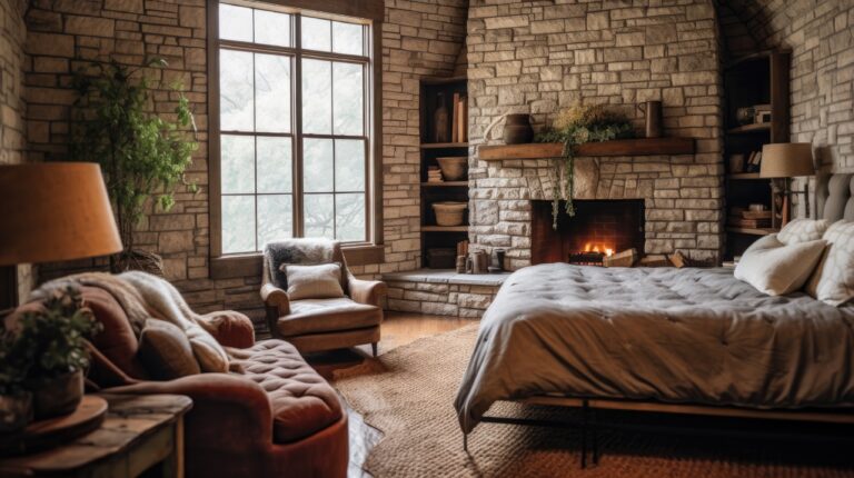 interior design brick wall bedroom with fireplace rustic farmhouse style decorated with plants generative ai aig27 scaled