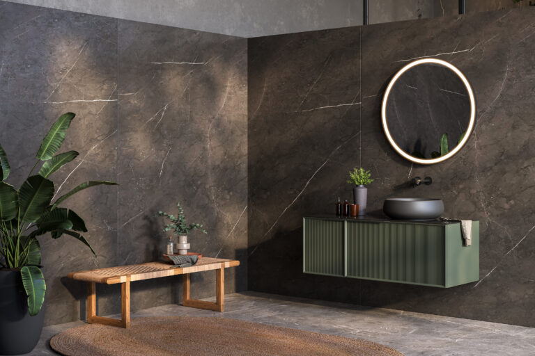 modern luxury bathroom marble walls bathtub gray floor indoor plants panorama scaled