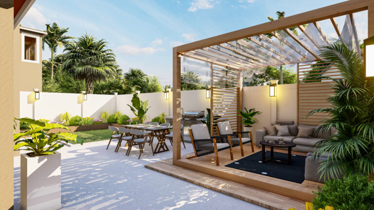 small backyard pergola dining area 3d design with high quality render scaled