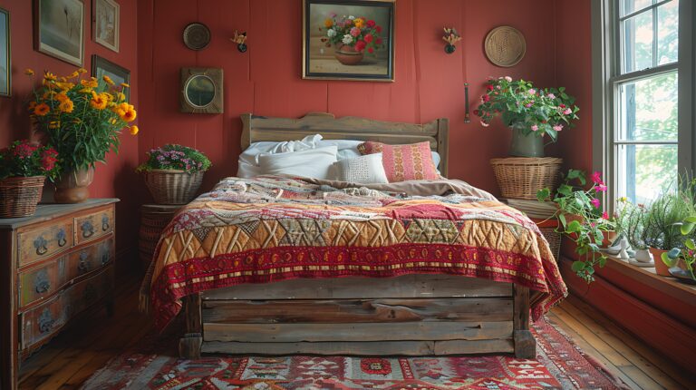 bedroom with bed dresser painting wall scaled