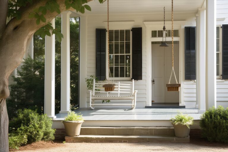 colonial house exterior with porch swing lantern portraying tranquil serene setting scaled