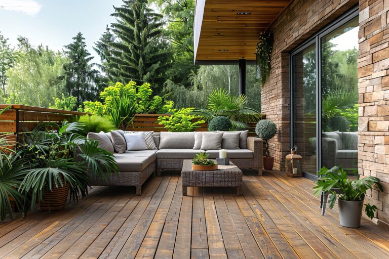 lovely contemporary patio with wood decking generative ai scaled