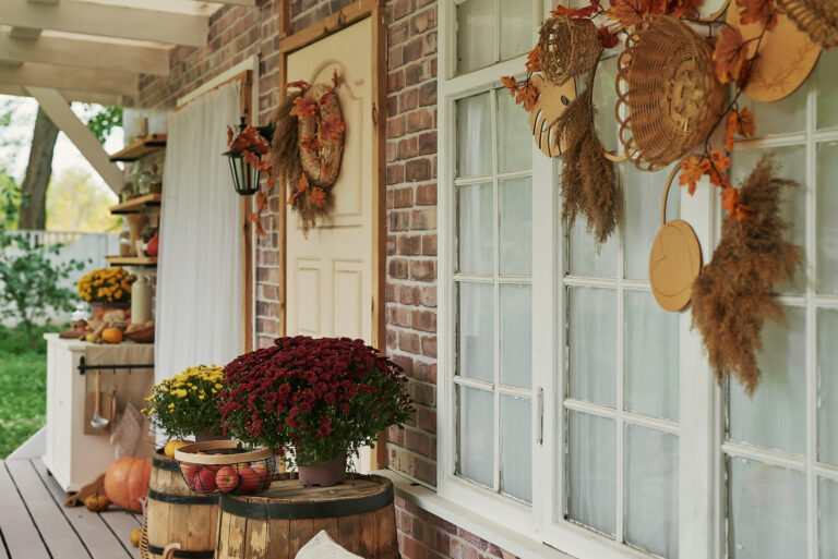 autumn harvest terrace background halloween country pumpkins flowers vacation home thanksgiving day scaled