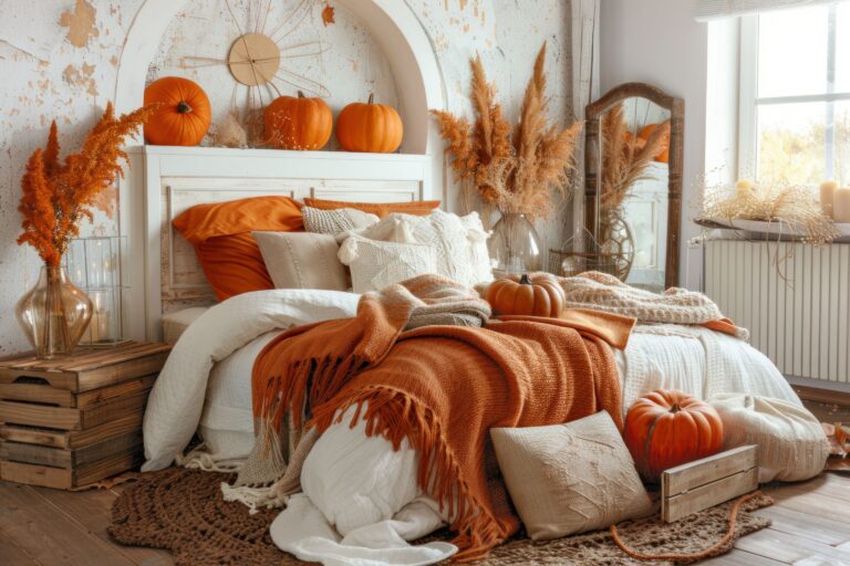 cozy autumn bedroom decor with pumpkins warm colors scaled