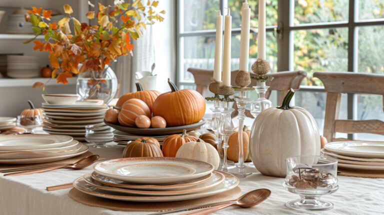 elegant thanksgiving dinner table setting with pumpkins autumn decor scaled