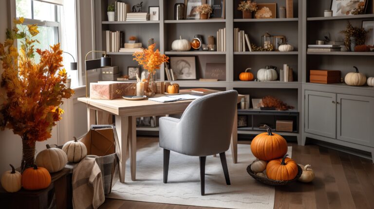 home office with desk decorated with fall leaves pumpkins scaled