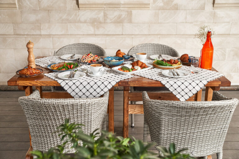 served table summer terrace cafe time breakfast lunch waiting guests scaled