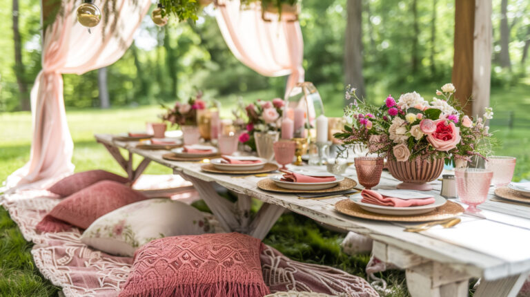 table with bunch flowers it pink pillow with pink pillow it scaled