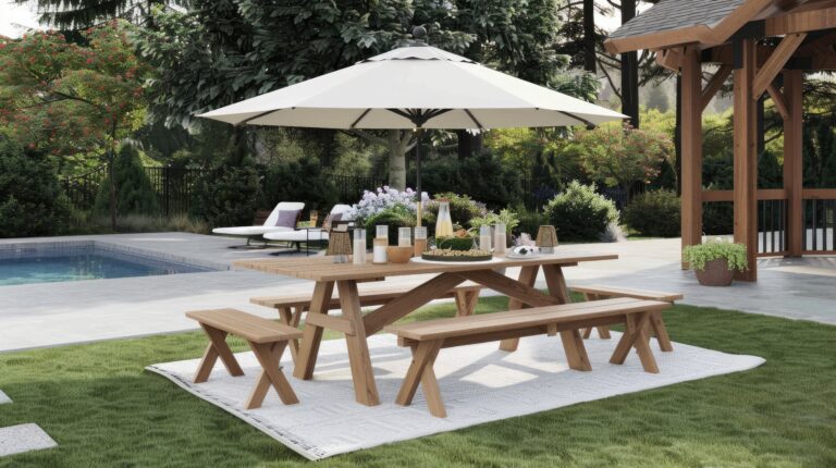 wooden picnic table with benches sits white umbrella patio with pool gazebo background scaled