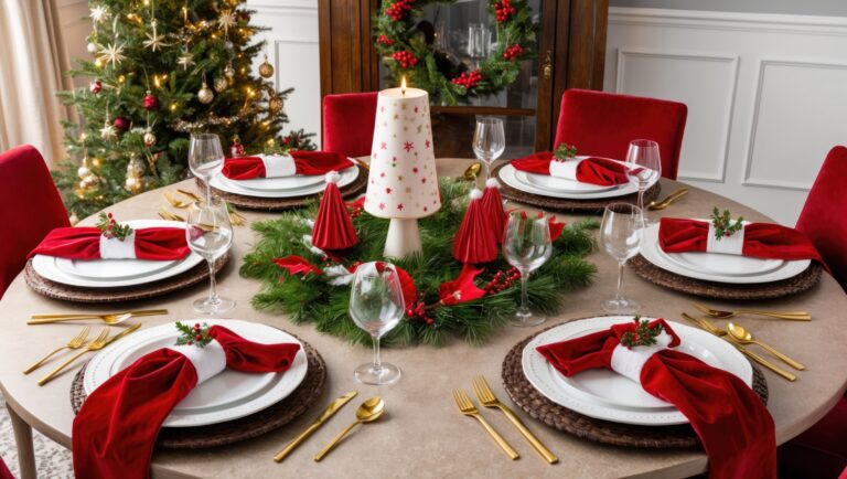 festive christmas table set with tree decorations red green gold accents scaled