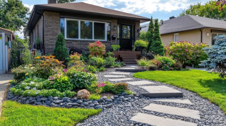 front yard with stone pathway wellkept plants offering copy space advertising scaled