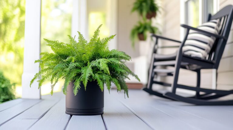 black square pot features vibrant green ferns front porch complementing sleek black rocking chairs against tranquil backdrop
