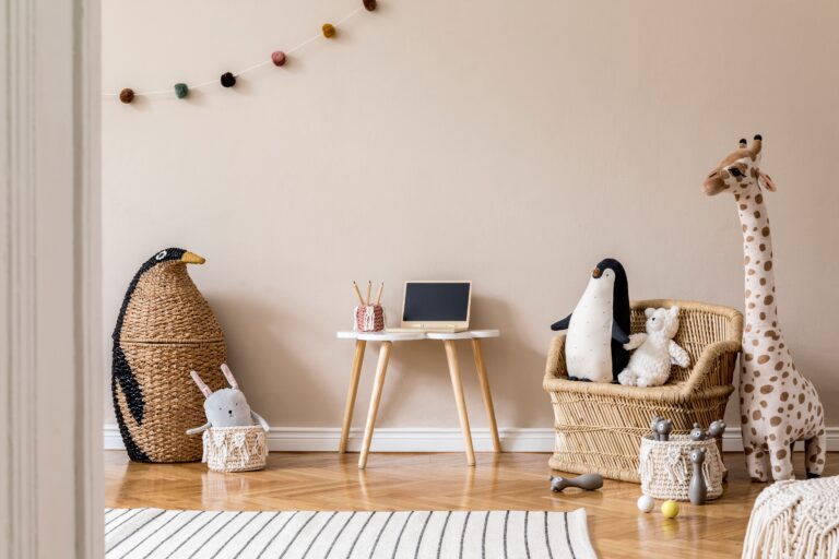 stylish scandinavian interior child room with natural toys hanging decoration design furniture plush animals teddy bears accessories beige walls interior design kid room template 1
