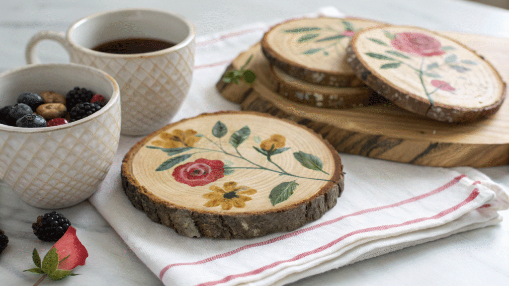 rustic painted coasters with wood slices