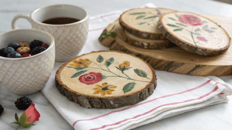 rustic painted coasters with wood slices