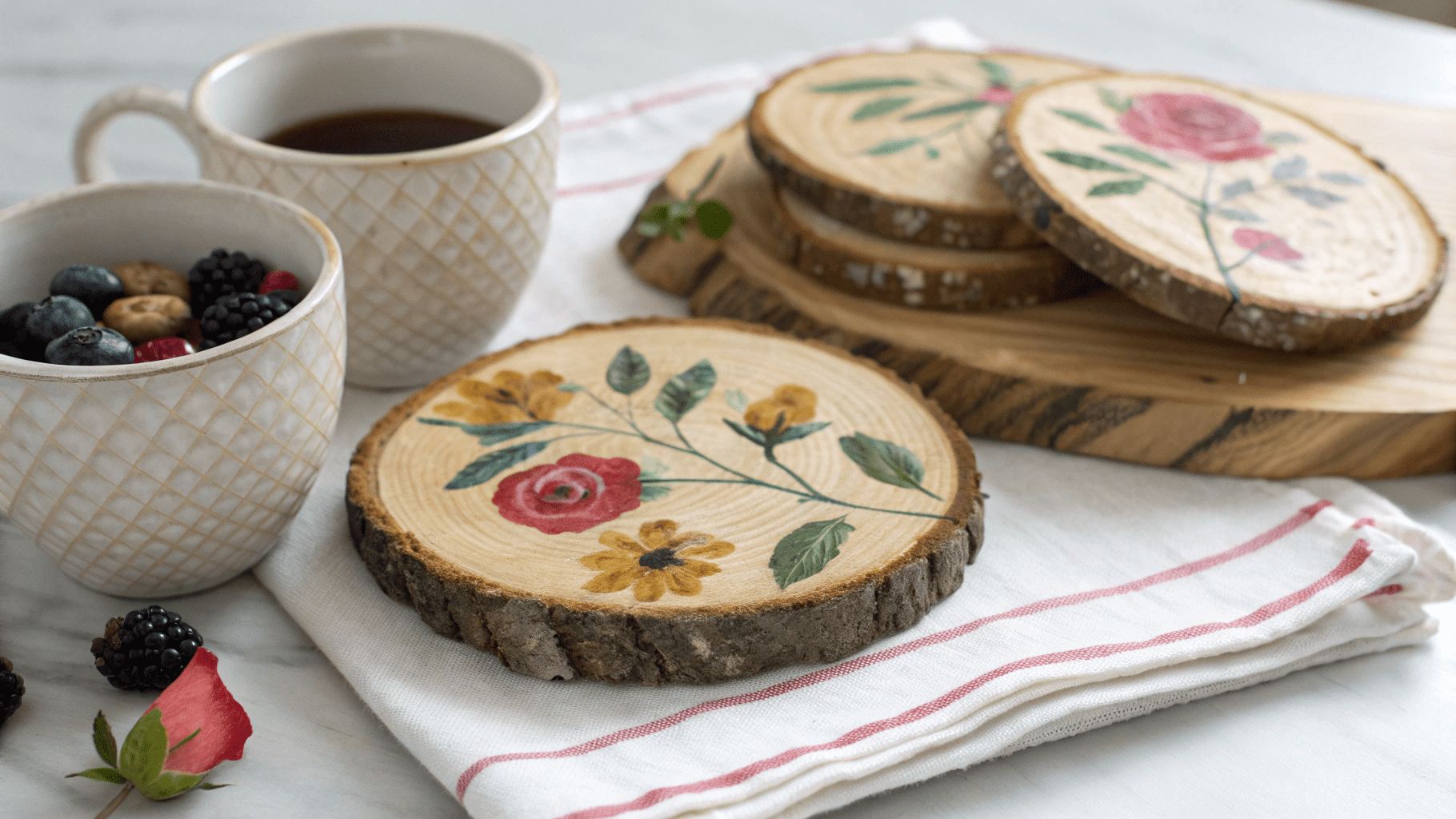 11+ Rustic Painted Coasters with Wood Slices