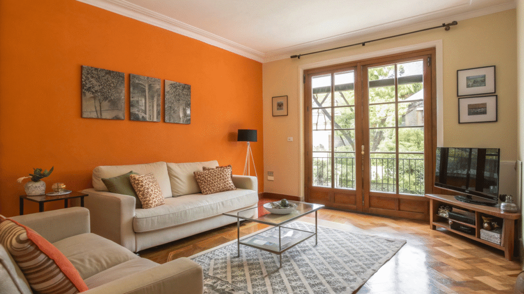 bright orange accent wall ideas for living room