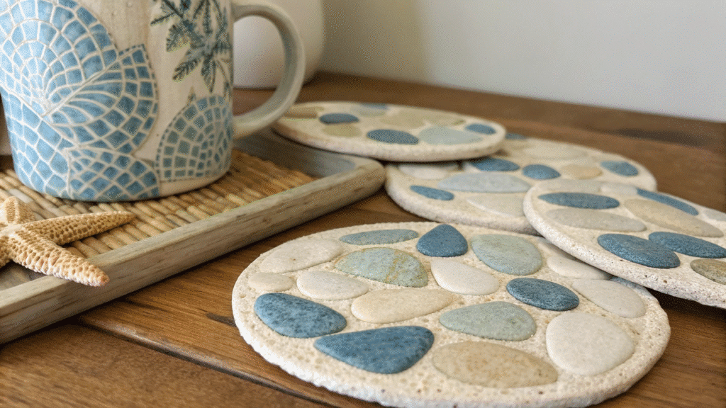 pebble effect painted coasters for beach house de