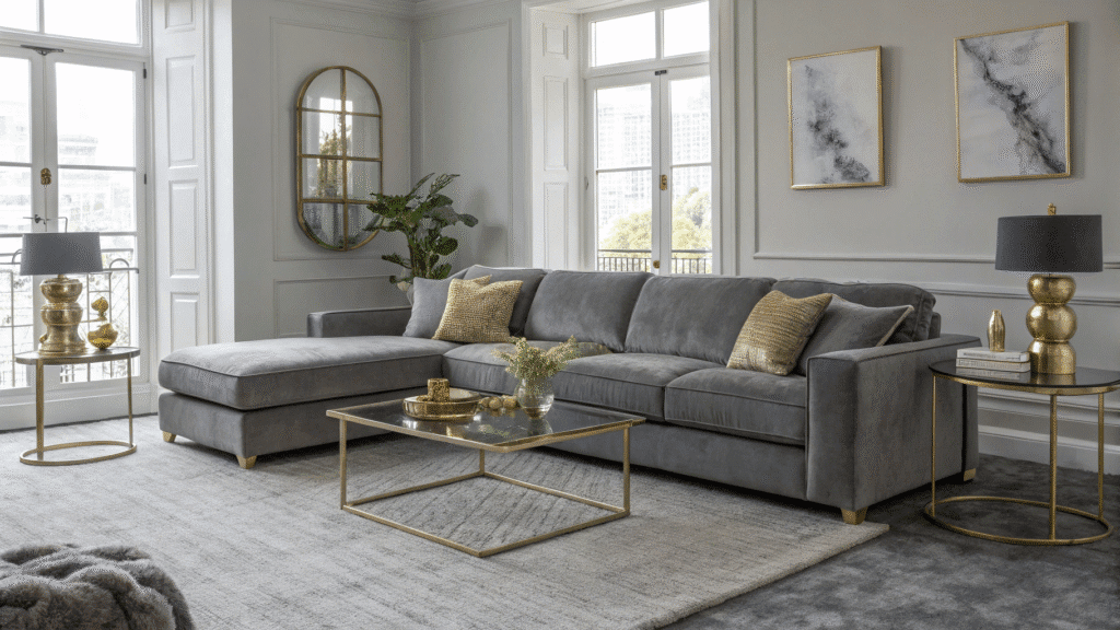 sleek gray and brass living room ideas