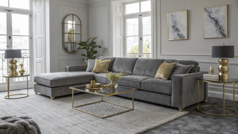sleek gray and brass living room ideas
