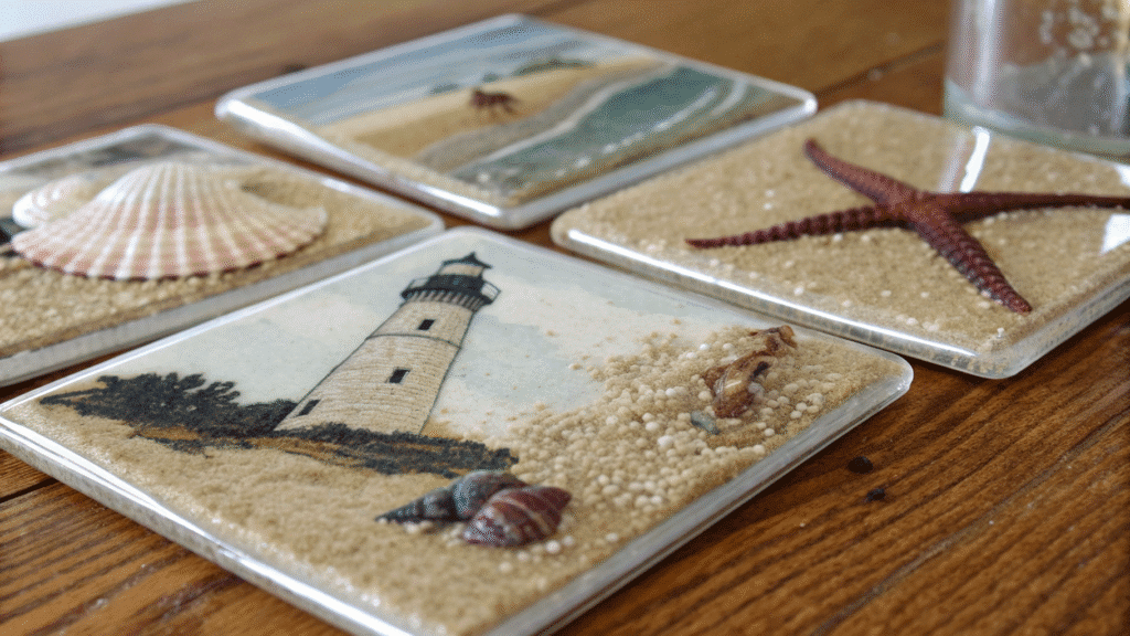 textured sand acrylic coasters for coastal home
