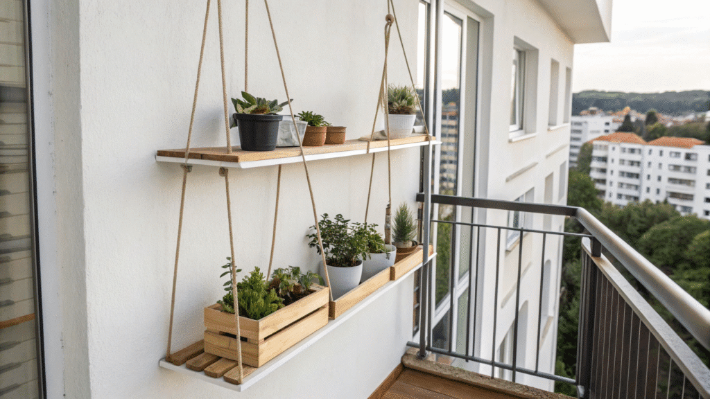 minimal hanging shelf ideas for balcony storage