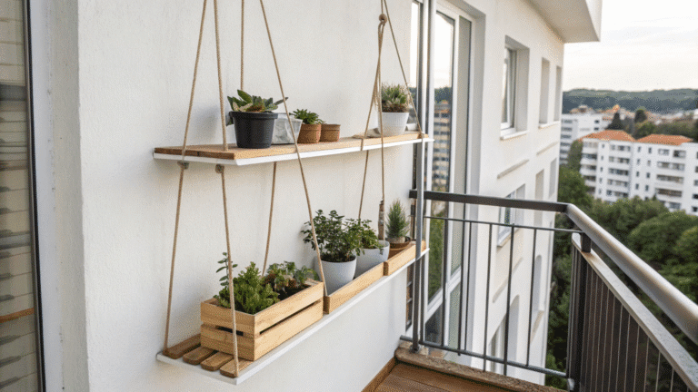 minimal hanging shelf ideas for balcony storage