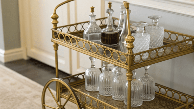 antique bar cart decor ideas using brass and glass