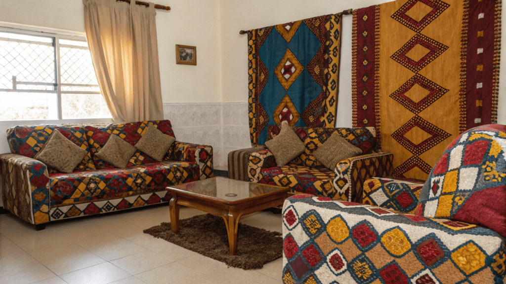 living room using adire fabric