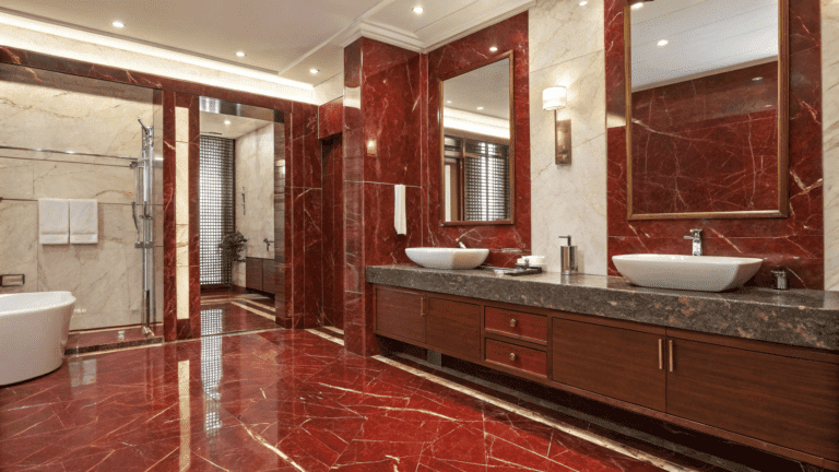 red marble bathrooms that balance bold and elegant