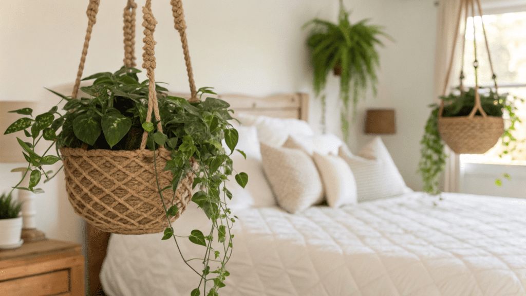 hanging plants to add greenery above your bed