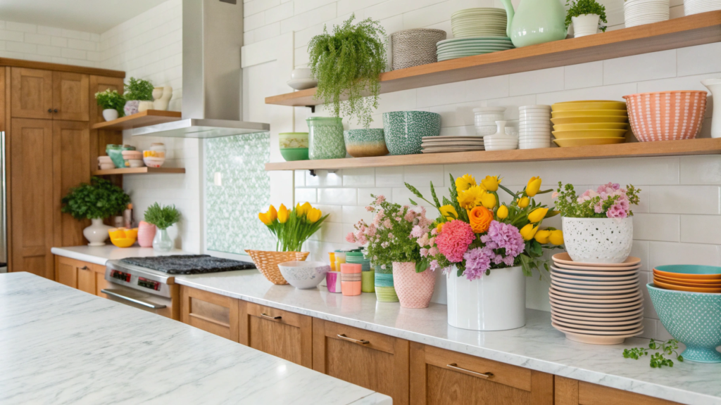 spring open shelving decor ideas for kitchens