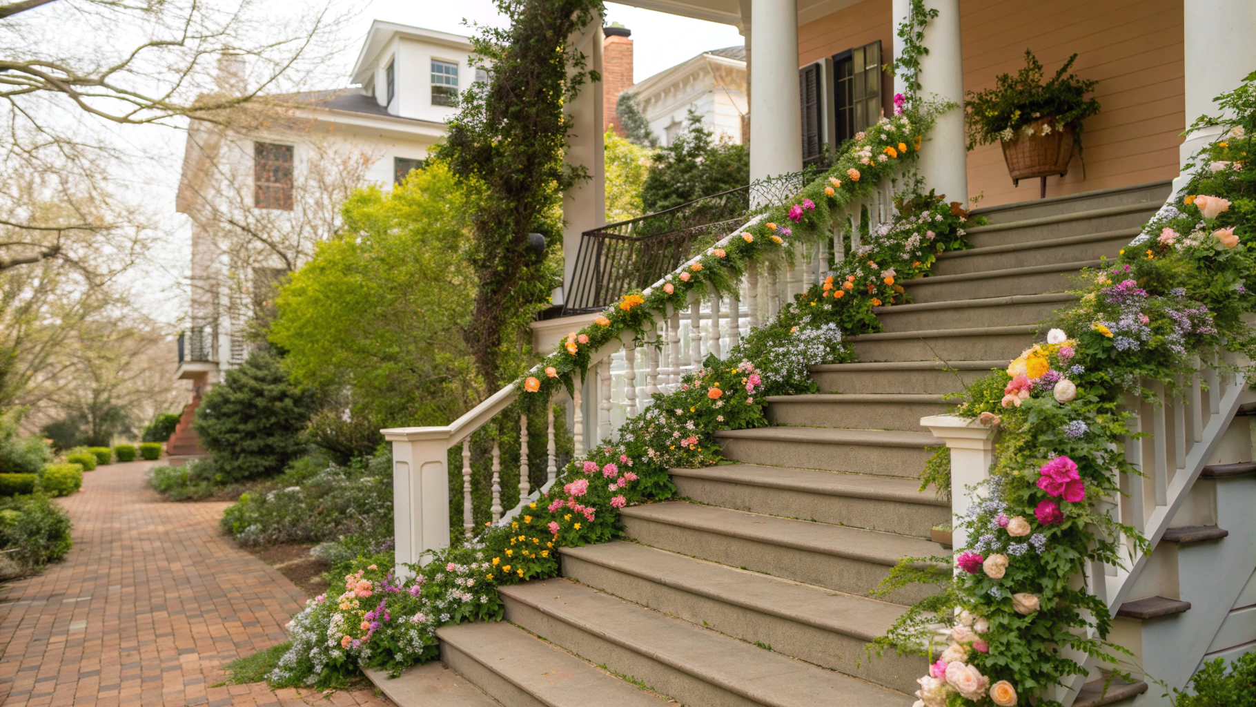 12+ Spring Staircase Decor Ideas with Garlands & Florals