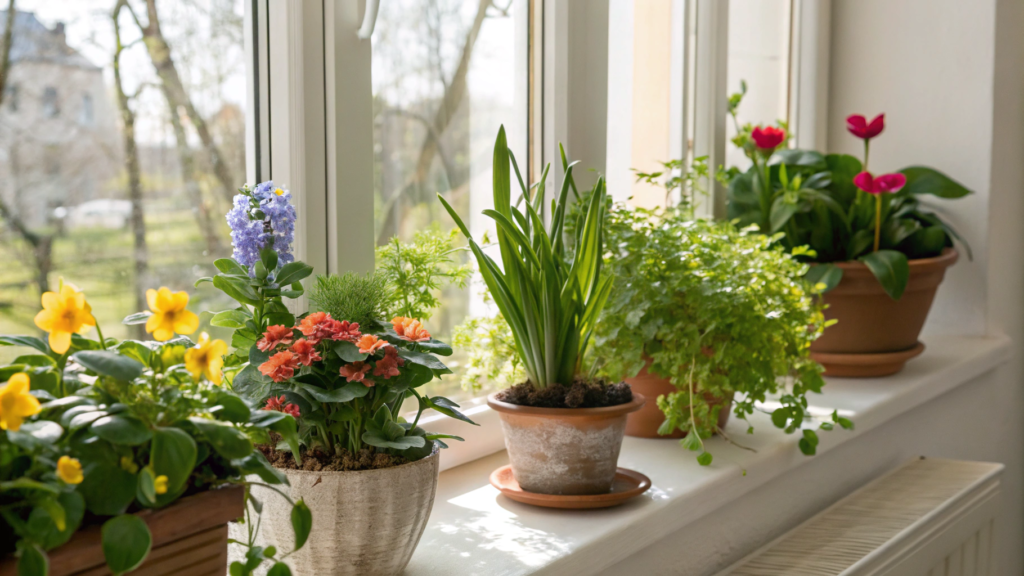 spring window sill decor ideas with plants